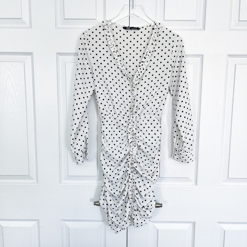 Zara Ecru White Black Polka Dot Ruched Front Long Sleeve Mini Dress
